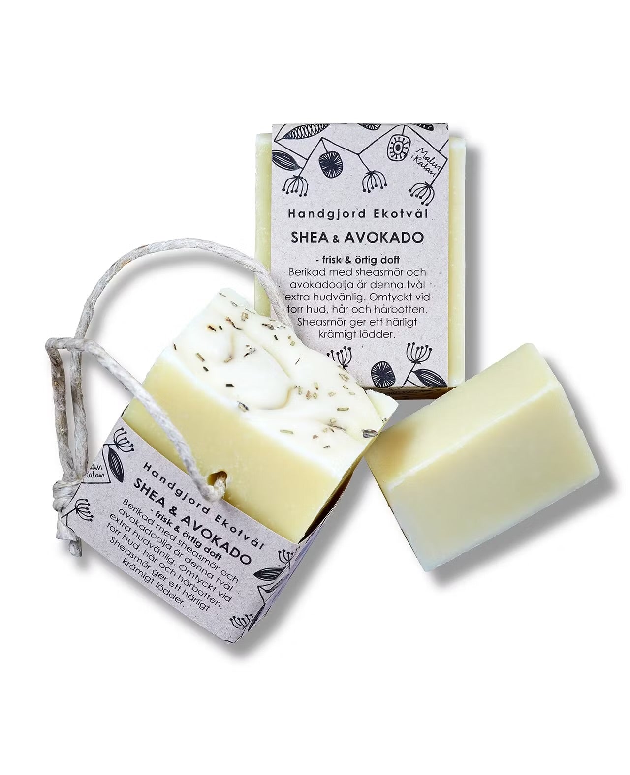Naturlig tvål från Malin i Ratan med Shea och Avokado som passar mycket bra till torr hud, hårbotten och hår.